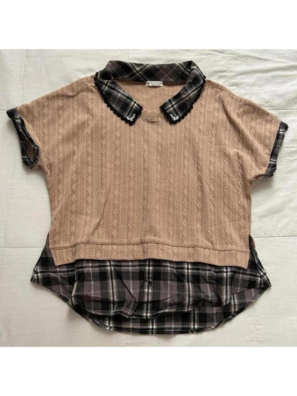 Axes Femme Pink Brown Plaid Lace Collar Prestyled Blouse Medium